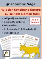 Vorschau - Arbeitsblätter - Sage: "Wie der Kontinent Europa zu seinem Namen kam" (Aufgabe, Hilfeblatt, LÖSUNGEN) Deutsch Klasse 5-6 - Deckblatt