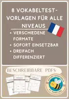 Vorschau - Test - Sammlung Vokabeltests Französisch - digital beschreibbar - dreifach differenziert. Sofort einsetzbar: Öffnen ➡️ zu übersetzende Wörter eintippen ➡️ ausdrucken. - Deckblatt