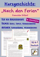 Vorschau - Arbeitsblätter - Kurzgeschichte: "Nach den Ferien" (Franziska Dittert) Themen: Schule, Familie | Aufgaben | LÖSUNGEN | Deutsch Klasse 6-7 #summer - Deckblatt