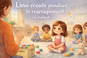 Aperçu - Cartes / Images - Kamishibai – Lina écoute pendant le regroupement | Les règles de vie en maternelle - Page de couverture