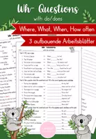 Vorschau - Arbeitsblätter - Wh- Questions (Where, What,...) with do/does in Present Simple - Übungszettel - Deckblatt