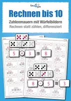 Vorschau - Arbeitsblätter - Zahlenmauern mit Würfelbildern – Rechnen bis 10, Addieren & Subtrahieren, Arbeitsblätter differenziert - Deckblatt