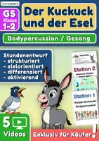 Vorschau - Stundenentwürfe - Musik Der Kuckuck und der Esel – Kompletter Stundenentwurf mit Bodypercussion, Karaoke-Videos & 2 Stationen (Klasse 1–2) - Deckblatt