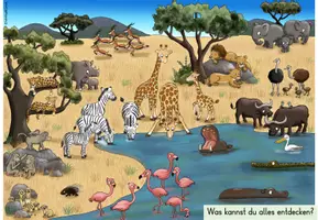 Vorschau - Stationenlernen - Tiere in Afrika | Wimmelbild | Arbeitsblätter - Seite 1