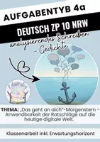 Vorschau - Klassenarbeiten - ZP 10 Deutsch Aufgabentyp 4a Gedichte ,,Das geht an dich”-Morgenstern - Anwendbarkeit der Ratschläge auf die heutige digitale Welt - Deckblatt