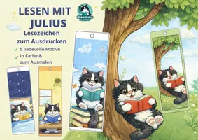 Vorschau - Mal- und Bastelvorlagen - Lesen mit Julius – XXL Lesezeichen zum Ausdrucken (5 Motive in Farbe & zum Ausmalen, Grundschule) - Seite 1