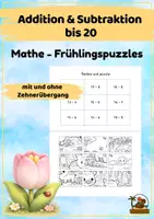 Vorschau - Arbeitsblätter - Rechnen bis 20 Frühling – Addition & Subtraktion mit und ohne Zehnerübergang | Rechenpuzzle 1. Klasse - Deckblatt