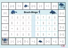 Vorschau - Spiele - Bruch-Bingo "blaue Dinos": Brüche addieren / subtrahieren - Deckblatt