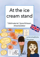 Vorschau - Präsentationen/Tafelbilder - At the ice cream stand_Tafelmaterial, Sprechblasen, Arbeitsblatt - Deckblatt