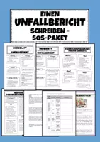 Vorschau - Arbeitsblätter - Einen Unfallbericht verfassen - Merkblatt & Merkblatt mit Lücken, Formulierungshilfen für den Basissatz, Übung (Zeugenaussagen & Tabelle) und Musterlösung - Deckblatt