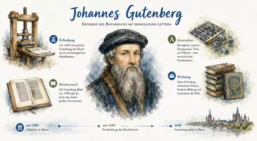 Vorschau - Arbeitsblätter - AB mit Fragen zum Thema "Johannes Gutenberg" + Lösungsblatt + Infografik - Seite 1