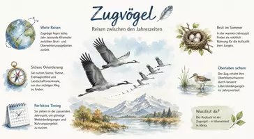 Vorschau - Arbeitsblätter - AB mit Fragen zum Thema "Zugvögel" + Lösungsblatt + Infografik - Seite 1