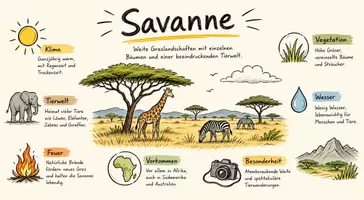 Vorschau - Arbeitsblätter - AB mit Fragen zum Thema "Savanne" + Lösungsblatt + Mindmap + Infografik - Seite 1