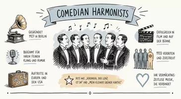 Vorschau - Arbeitsblätter - AB mit Fragen zum Thema "Comedian Harmonists" + Lösungsblatt + Mindmap + Infografik - Seite 1