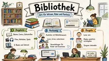 Vorschau - Arbeitsblätter - AB mit Fragen zum Thema "Bibliothek" + Lösungsblatt + Mindmap + Infografik - Seite 1