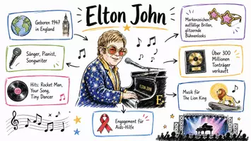 Vorschau - Arbeitsblätter - AB mit Fragen zum Thema "Elton John" + Lösungsblatt + Mindmap + Infografik - Seite 1