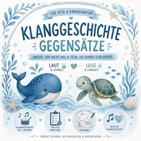 Vorschau - Bildkarten - Klanggeschichte Gegensätze im Kindergarten – Waldo der Wal & Tilda die Schildkröte | laut & leise, schnell & langsam | Musik Kita – mit Reim, Ausmalbild & Tipps für Pädagog:innen | sofort einsetzbar - Deckblatt