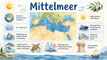 Vorschau - Arbeitsblätter - AB mit Fragen zum Thema "Mittelmeer" + Lösungsblatt + Infografik - Seite 1