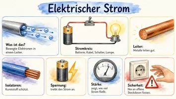Vorschau - Arbeitsblätter - AB mit Fragen zum Thema "elektrischer Strom" + Lösungsblatt + Mindmap + Infografik - Seite 1