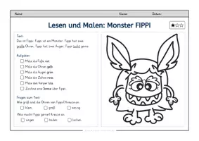 Vorschau - Arbeitsblätter - Lesen und Malen: Monster Klasse 1/2 | Gratisprobe mit Lesetext, Malauftrag & Lösung - Seite 1