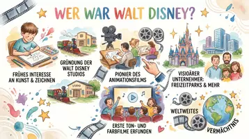 Vorschau - Arbeitsblätter - AB mit Fragen zum Thema "Walt Disney" + Lösungsblatt + Mindmap + Infografik - Seite 1