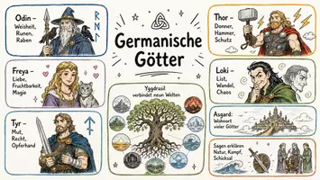 Vorschau - Arbeitsblätter - AB mit Fragen zum Thema "Germanische Götter" + Lösungsblatt + Mindmap + Infografik - Seite 1