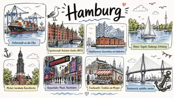 Vorschau - Arbeitsblätter - AB mit Fragen zum Thema "Hamburg" + Lösungsblatt + Mindmap + Infografik - Seite 1