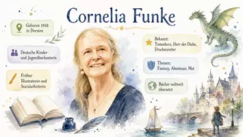 Vorschau - Arbeitsblätter - AB mit Fragen zum Thema "Cornelia Funke" + Lösungsblatt + Infografik - Seite 1