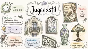 Vorschau - Arbeitsblätter - AB mit Fragen zum Thema "Jugendstil" + Lösungsblatt + Mindmap + Infografik - Seite 1