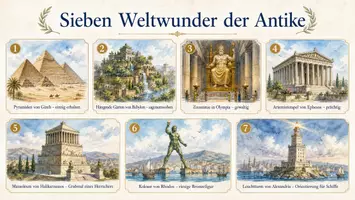 Vorschau - Arbeitsblätter - AB mit Fragen zum Thema "Sieben Weltwunder" + Lösungsblatt + Infografik - Seite 1