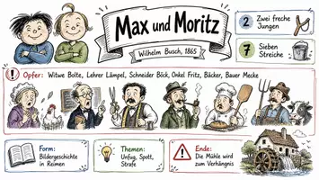 Vorschau - Arbeitsblätter - AB mit Fragen zum Thema "Max und Moritz" + Lösungsblatt + Mindmap + Infografik - Seite 1