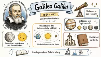 Vorschau - Arbeitsblätter - AB mit Fragen zum Thema "Galileo Galilei" + Lösungsblatt + Mindmap + Infografik - Seite 1