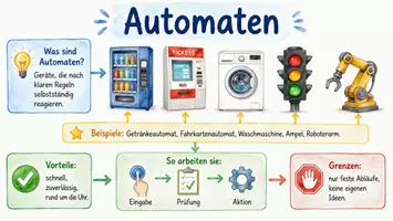 Vorschau - Arbeitsblätter - AB mit Fragen zum Thema "Automaten" + Lösungsblatt + Mindmap + Infografik - Seite 1