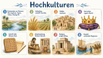 Vorschau - Arbeitsblätter - AB mit Fragen zum Thema "Hochkulturen" + Lösungsblatt + Infografik - Seite 1
