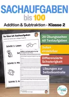 Vorschau - Arbeitsblätter - Sachaufgaben Klasse 2 bis 100 – Addition & Subtraktion | 20 Arbeitsblätter mit Lösungen | 60 Textaufgaben | differenziert | sofort einsetzbar - Deckblatt