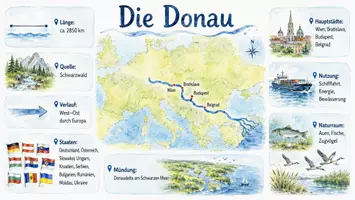 Vorschau - Arbeitsblätter - AB mit Fragen zum Thema "Donau" + Lösungsblatt + Mindmap + Infografik - Seite 1