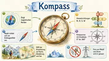 Vorschau - Arbeitsblätter - AB mit Fragen zum Thema "Kompass" + Lösungsblatt + Infografik - Seite 1