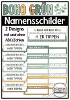 Vorschau - Mal- und Bastelvorlagen - Namensschilder Boho Grün | Klassenzimmer Deko | Namenskärtchen - Deckblatt