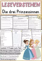 Vorschau - Arbeitsblätter - Märchen - Die drei Prinzessinnen, Leseverständnis für Klasse 4 & 6 Arbeitsblätter mit Lesetext, Fragen - Deckblatt