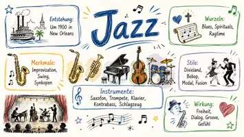Vorschau - Arbeitsblätter - AB mit Fragen zum Thema "Jazz" + Lösungsblatt + Mindmap + Infografiken - Seite 1