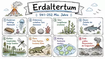 Vorschau - Arbeitsblätter - AB mit Fragen zum Thema "Erdaltertum" + Lösungsblatt + Mindmap + Infografiken - Seite 1