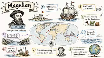 Vorschau - Arbeitsblätter - AB mit Fragen zum Thema "Ferdinand Magellan" + Lösungsblatt + Infografik - Seite 1