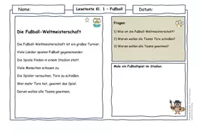 Vorschau - Arbeitsblätter - Fußball Klasse 1 | Lesetexte zur Fußball-WM | differenziert mit Lösungen - Seite 1