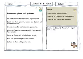 Vorschau - Arbeitsblätter - Fußball Klasse 3 | Lesetexte zur Fußball-WM | Strategie & Fairplay | mit Lösungen - Seite 1