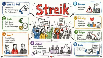 Vorschau - Arbeitsblätter - AB mit Fragen zum Thema "Streik" + Lösungsblatt + Mindmap + Infografik - Seite 1