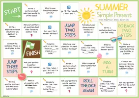 Vorschau - Spiele - SIMPLE PRESENT 🎲 Sommer - Würfelspiel | Artikel, Satzbau, das Verb to be (Summer Time) - Seite 1