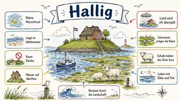 Vorschau - Arbeitsblätter - AB mit Fragen zum Thema "Hallig" + Lösungsblatt + Mindmap + Infografik - Seite 1