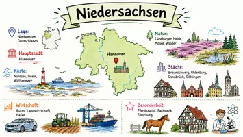 Vorschau - Arbeitsblätter - AB mit Fragen zum Thema "Niedersachsen" + Lösungsblatt + Mindmap + Infografik - Seite 1
