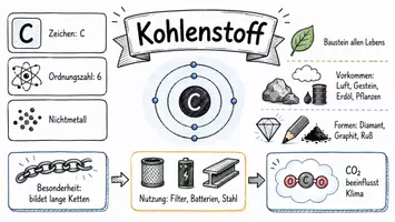 Vorschau - Arbeitsblätter - AB mit Fragen zum Thema "Kohlenstoff" + Lösungsblatt + Mindmap + Infografik - Seite 1