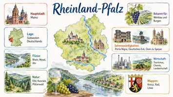 Vorschau - Arbeitsblätter - AB mit Fragen zum Thema "Rheinland-Pfalz" + Lösungsblatt + Mindmap + Infografik - Seite 1